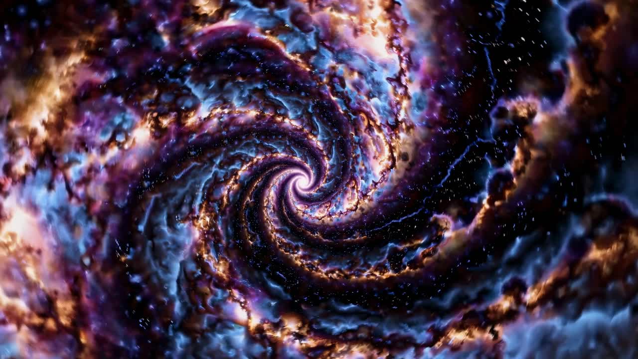 A mesmerizing cosmic spiral galaxy in vibrant colors, captured from a top-down angle