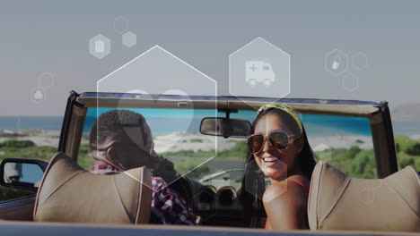 riding convertible, couple with healthcare animation overlaying scenic background
