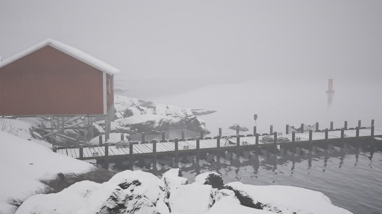 Winter landscape with red cabin and pier in snowy weather