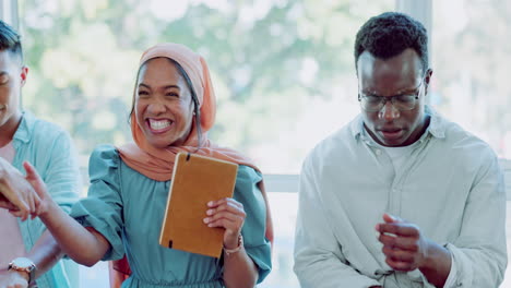 woman, islamic and handshake with celebration