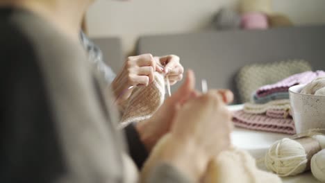 Zwei-Frauen-Stricken-Nadeln-Wollkleidung.-Frauenhobby