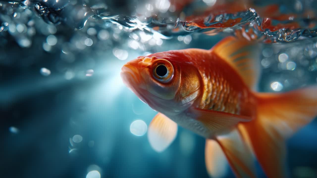 Captivating Goldfish Gliding Gracefully Through Sparkling Water, Illuminated by Radiant Light Beam Reflections and a Breathtaking Underwater Atmosphere
