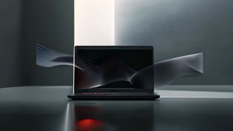 sleek black laptop with abstract light waves