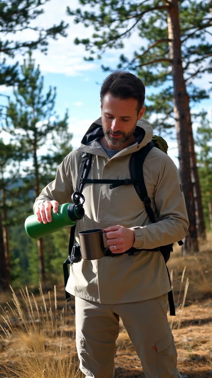 Man Pouring Water into a Mug While Hiking in a Forest