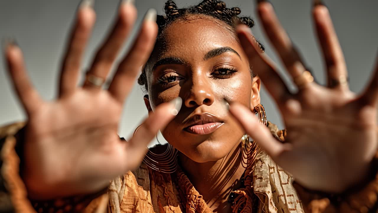 Young woman showing hands in slow motion montage