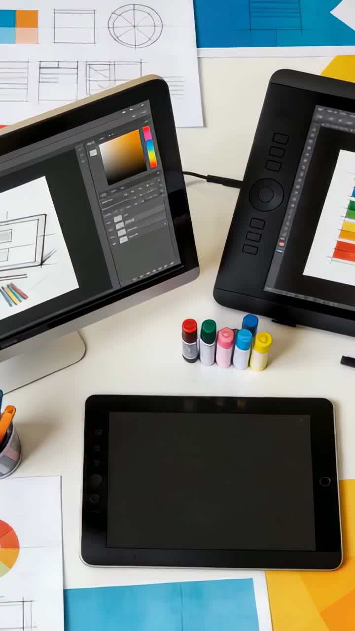 Telecamera che si sposta a destra, si inclina, rivelando un monitor di design, tablet, tappi di pennarello per la revisione del layout