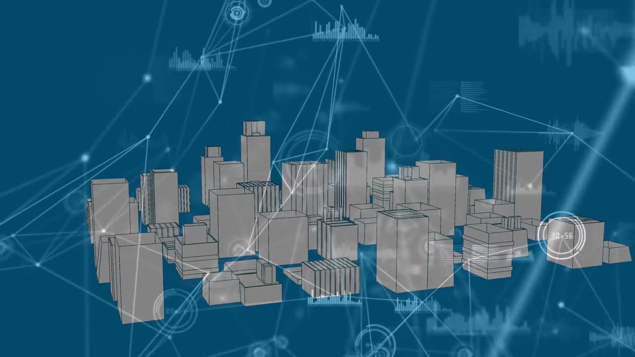 파란색 배경에 디지털 도시에 대한 연결 네트워크의 애니메이션