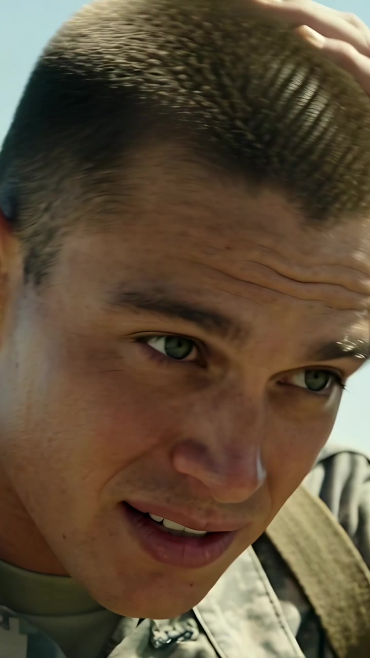 Vertical video: Lifting hand, soldier checking scalp while glancing right outdoors, camo top, ring
