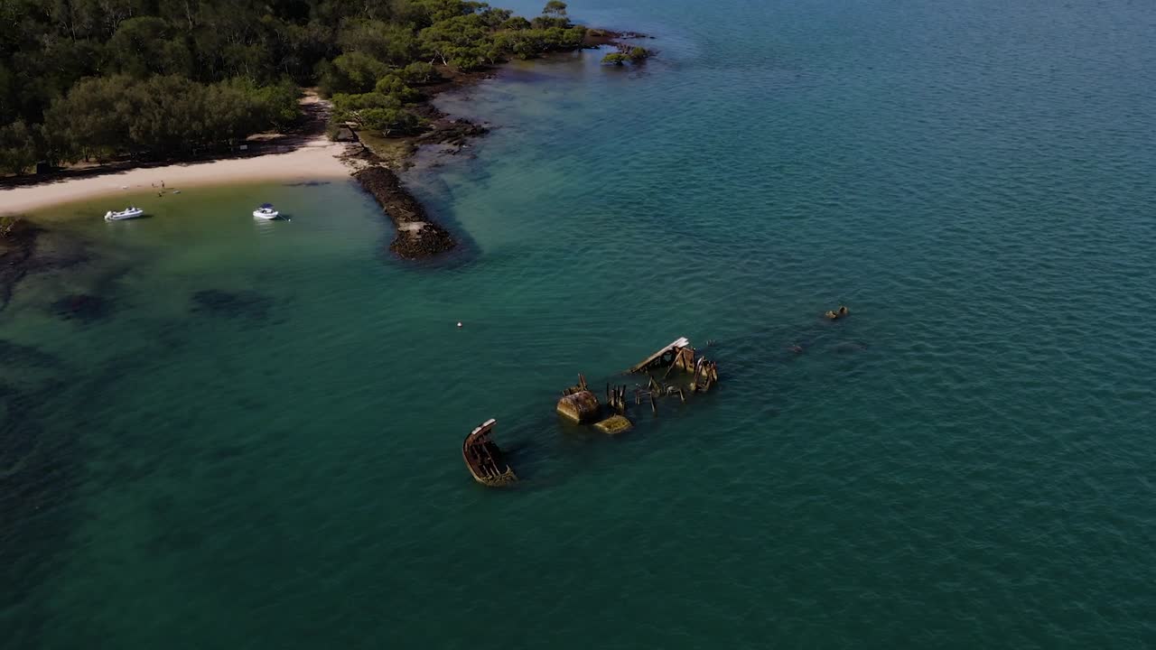 Aerial shot of "Wreck of the Platypus" shipwreck off Peel Island in Moreton Bay, Gold coast