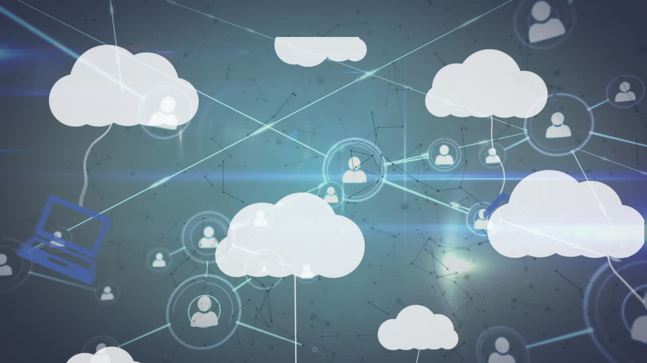 animación de nubes digitales con dispositivos electrónicos y red de conexiones