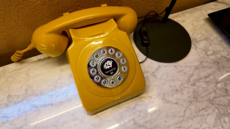 Une main pose un combiné de téléphone rotatif jaune rétro sur sa base sur un comptoir en marbre.
