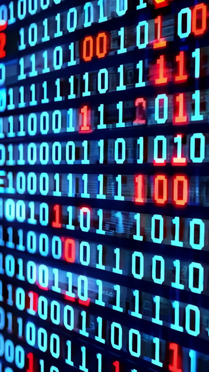 A computer server with a lot of numbers on it. The numbers are in red and blue. The server is very large and has many rows of numbers