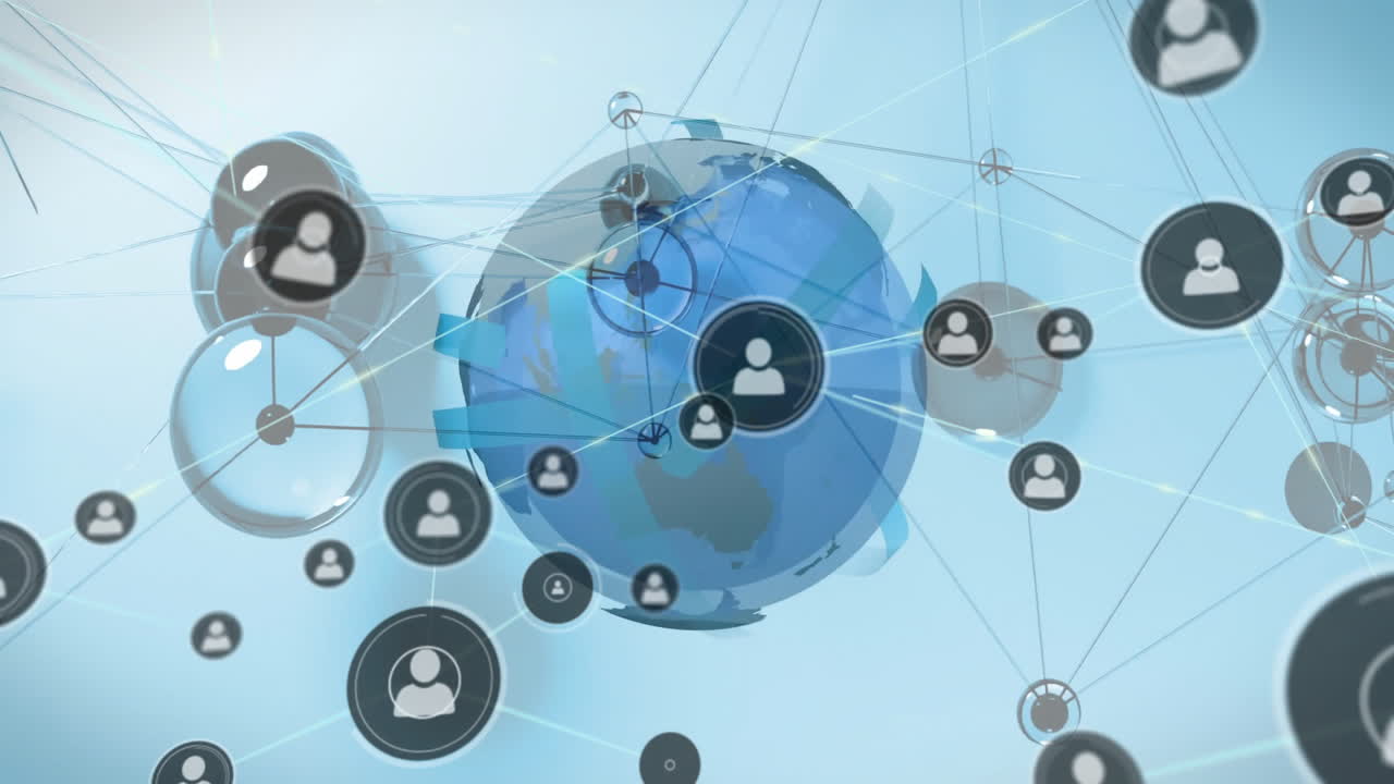 파란색 바탕에 전 세계에 있는 아이콘으로 연결된 네트워크의 애니메이션