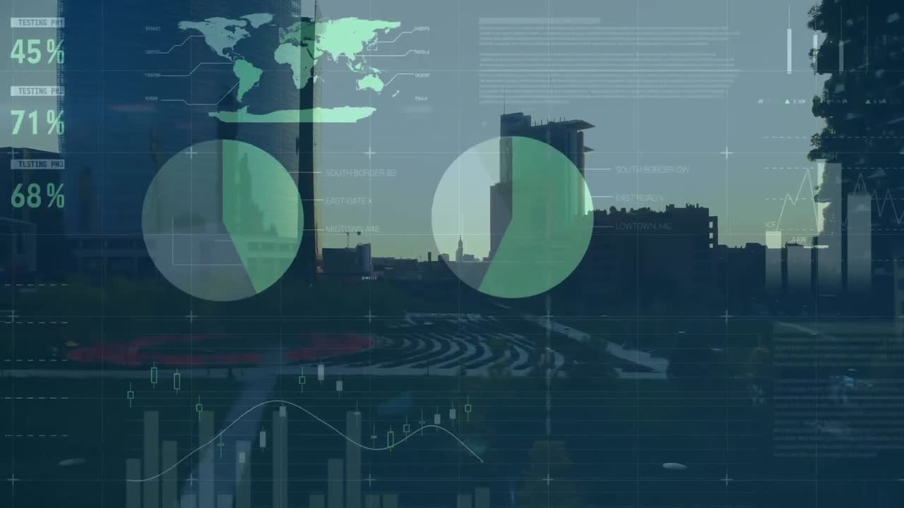 animación del procesamiento de datos estadísticos frente a una vista aérea del paisaje urbano