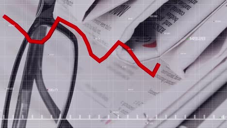 animation of graph with changing numbers over grid pattern against spectacles on newspapers