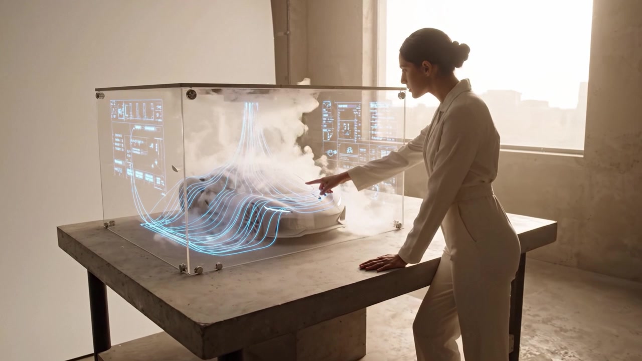 A woman in a modern setting observes a futuristic car model displayed under glass with dynamic graphic elements highlighting its design and performance