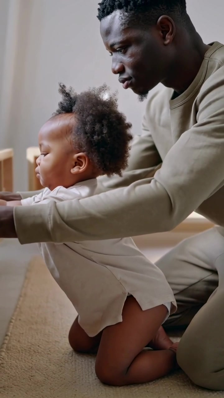 Vertical video: Offering blanket, dad in olive supporting child practicing rising on rug at home