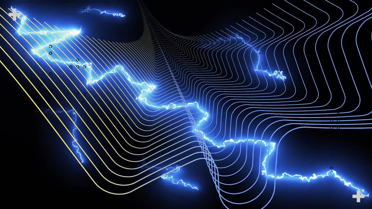 Animation of interface processing data, with glowing electric current over parallel curves, on black