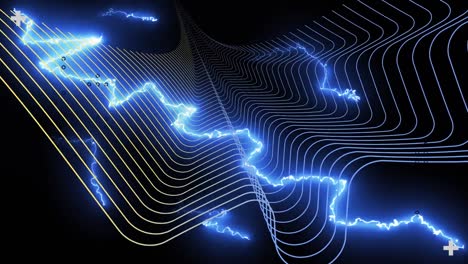 animation of interface processing data, with glowing electric current over parallel curves, on black