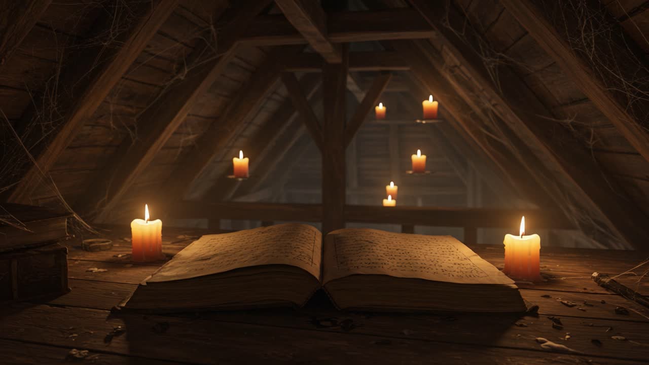 An Enigmatic Attic Scene: A Captivating Book Illuminated by Flickering Candlelight, Surrounded by Shadows and Intrigue, Evoking a Sense of Mystery and Wonder