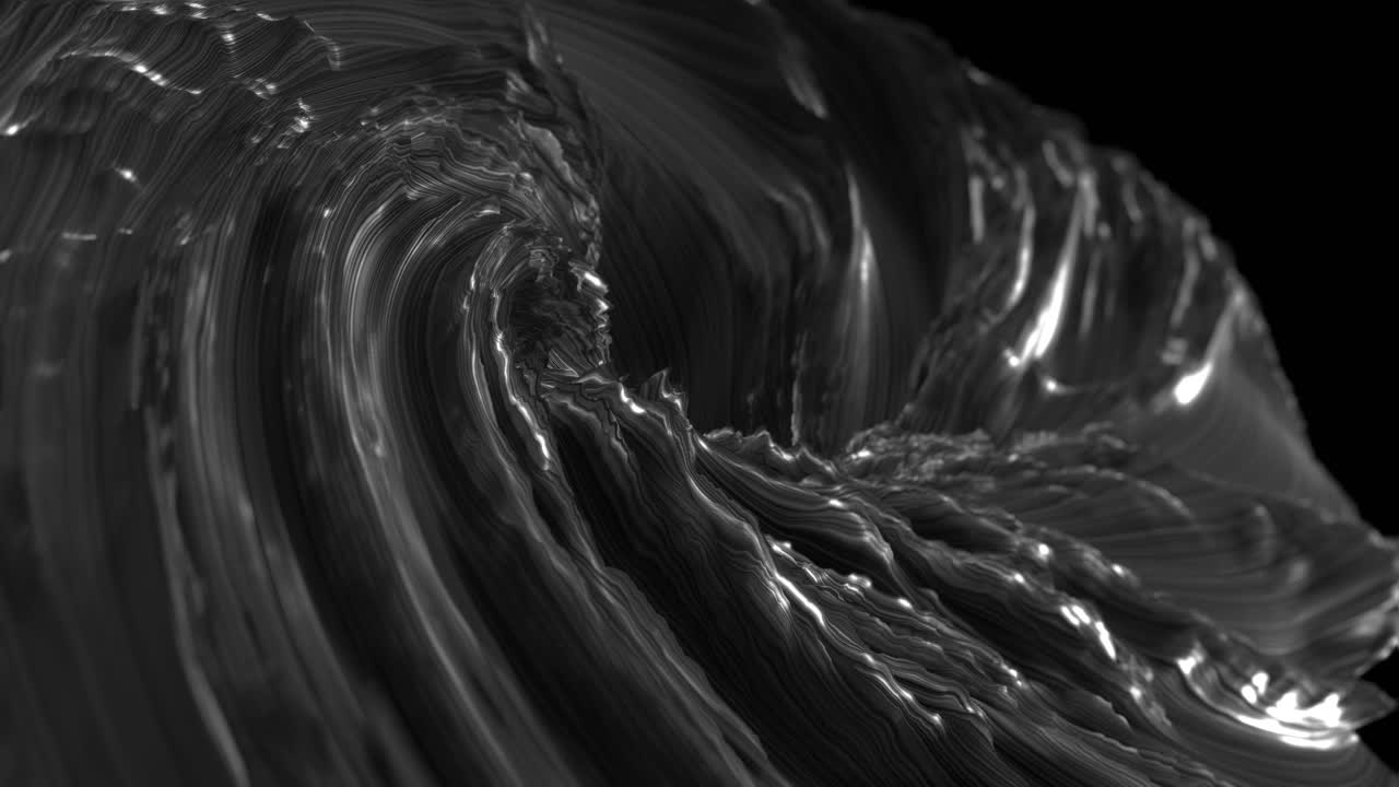 Black wavy swirling whirlpool on dark background. 3d animation loop