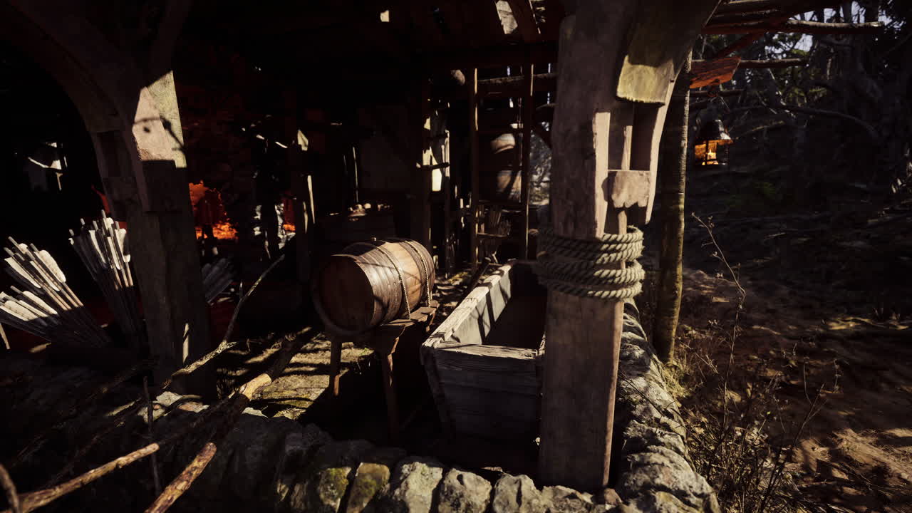 낮 동안 시골 야외 환경에서 목조 구조물과 배럴