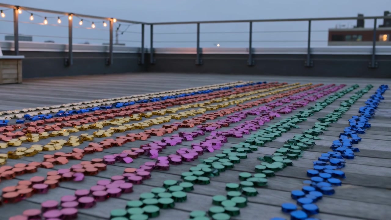 Pulling back low-angle camera from shallow focus, revealing rainbow discs on rooftop, string lights