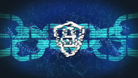 scudo con icona di blocco e codice binario su connessioni di rete digitale