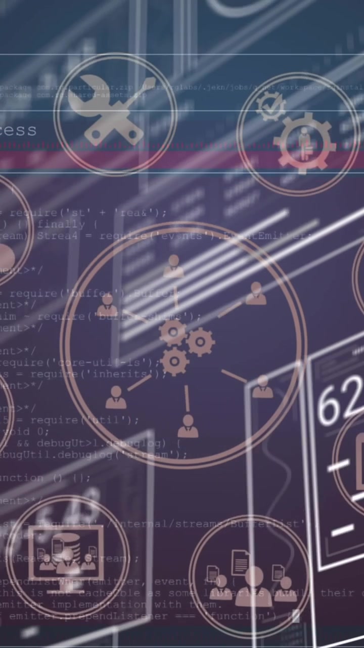 Animation af databehandling og medieikoner over blå baggrund