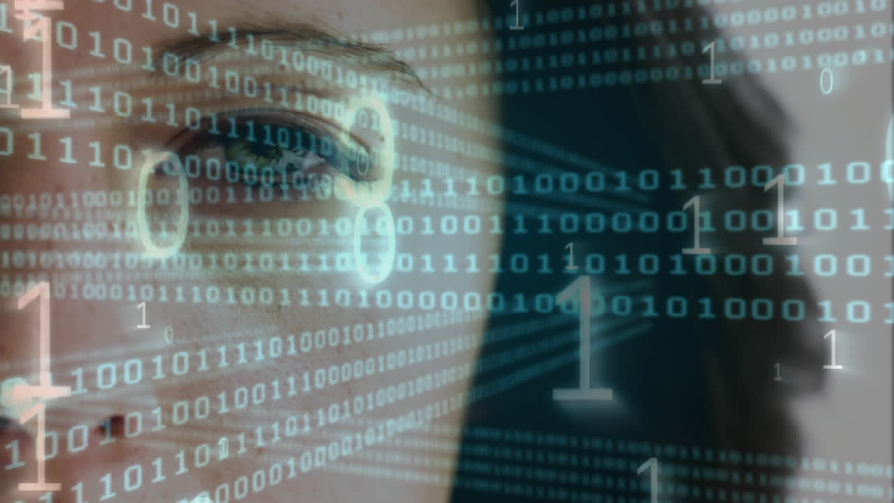 compuesto digital de un ojo de mujer mirando el sistema binario