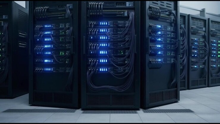 Camera Moving Through Rows of Server Racks in Data Center
