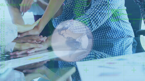 Animation of data processing and globe over diverse business people teaming up