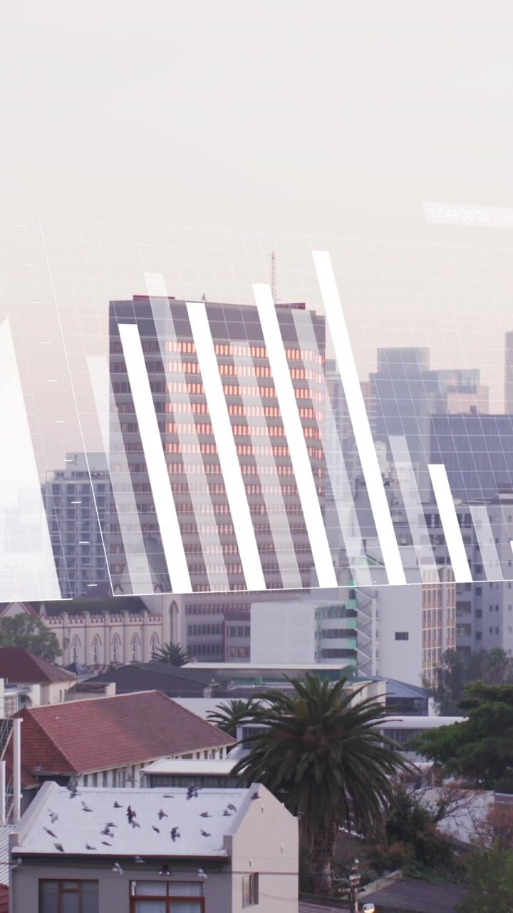 Animación del procesamiento de datos estadísticos con vista aérea de paisaje urbano