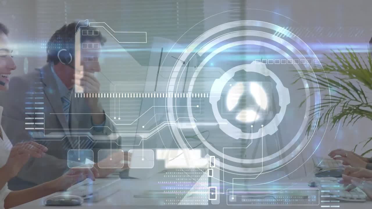 animación del procesamiento de datos financieros sobre personas de negocios que trabajan en la oficina