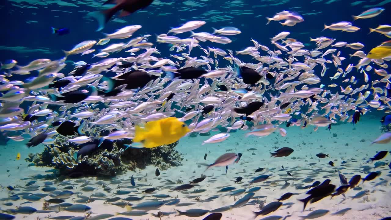 Escena de video submarina de peces vibrantes nadando sobre arrecifes de coral.