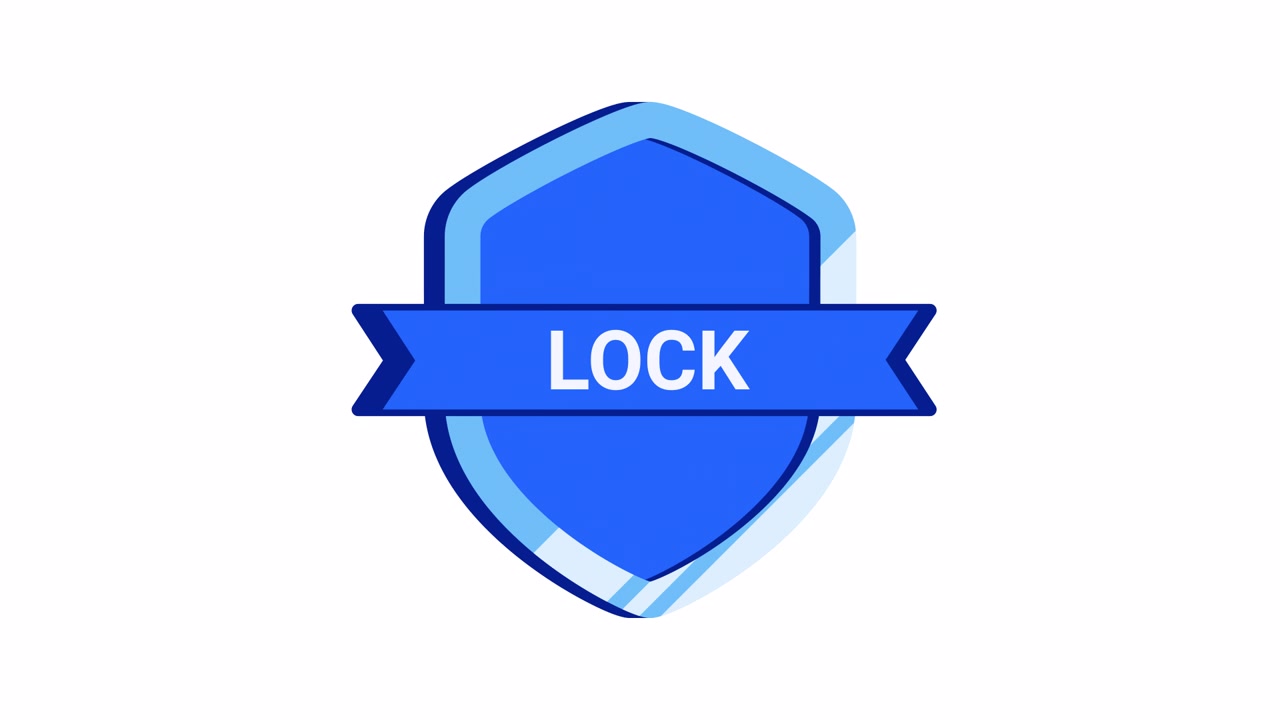 ロックテキストラベル付きの動く青いシールドアイコン