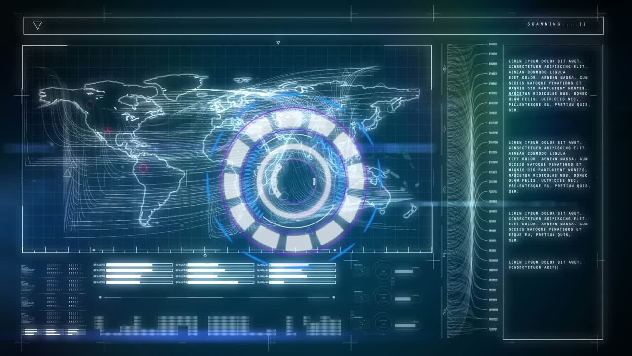 Animation of scope scanning, numbers and data processing on blue background