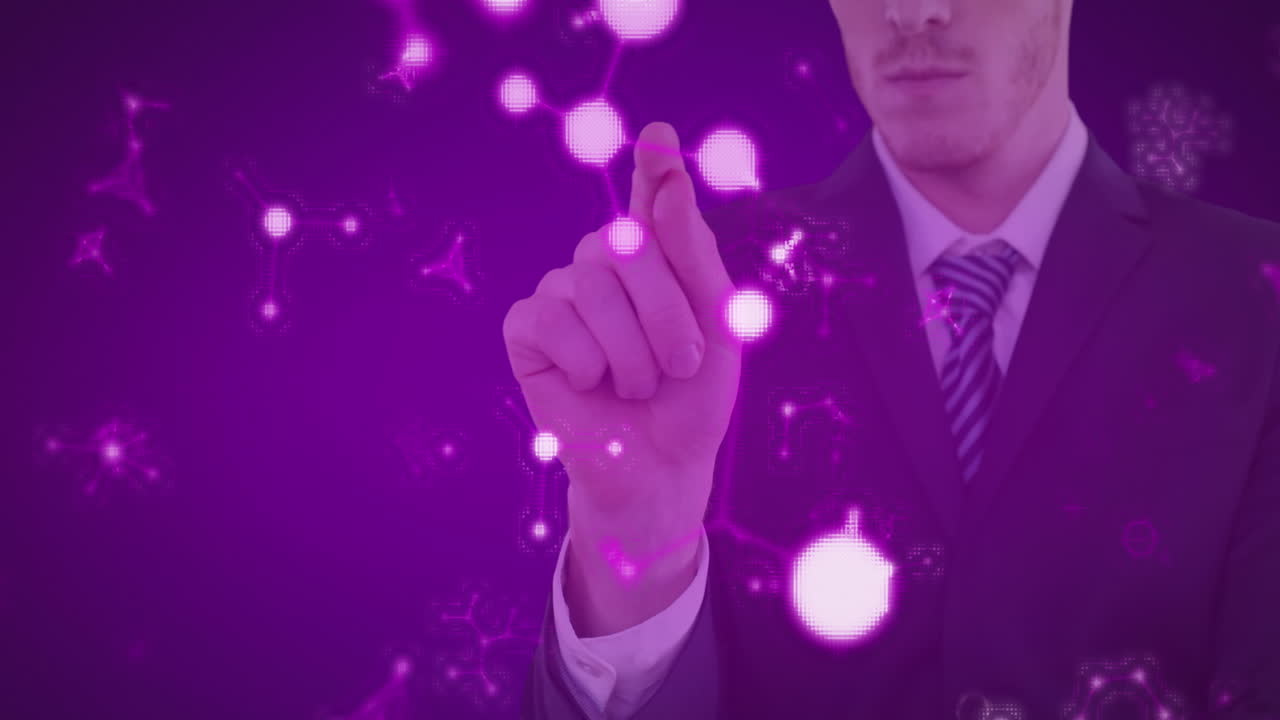 Animation of a Caucasian man wearing a suit, touching molecules models floating on purple background