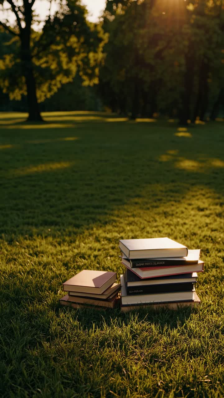 Un sereno concept video che mostra una ripresa dal basso di libri impilati sull'erba, con la luce del sole che filtra
