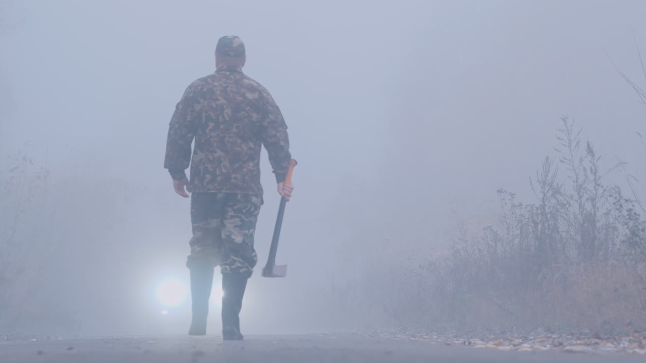 A Murderer With A Bloody Ax On A Forest Road Stands In The Light Of Car Headlights Creepy Crime Scen