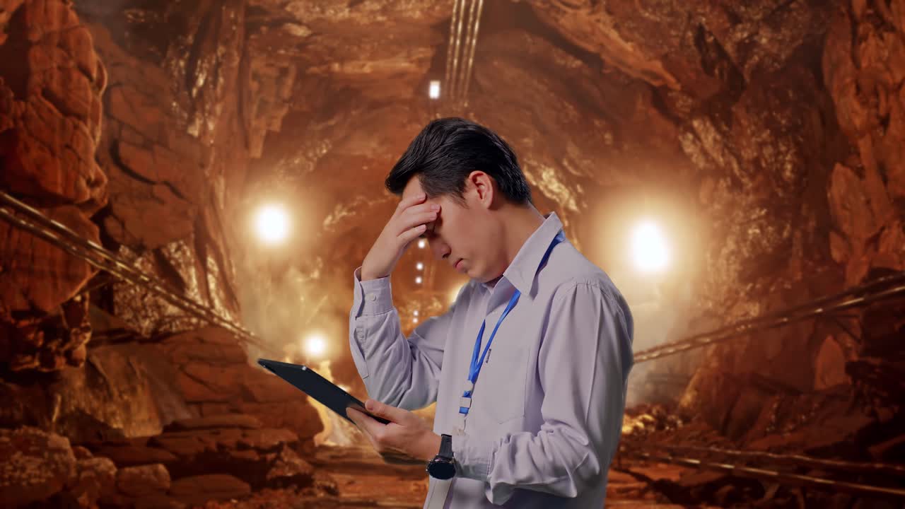 Side View Of An Asian Male Professional Worker Standing With His Tablet In Underground Mine Tunnel, Checking With Dissapionted And Nodding His Head