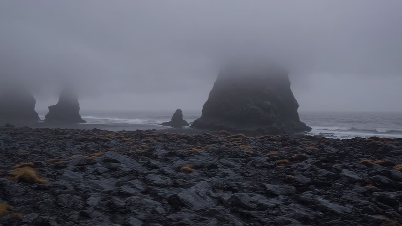 Mystical Sea Stacks on a Foggy Black Sand Beach