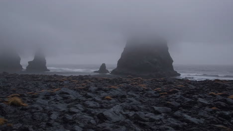 mystical sea stacks on a foggy black sand beach