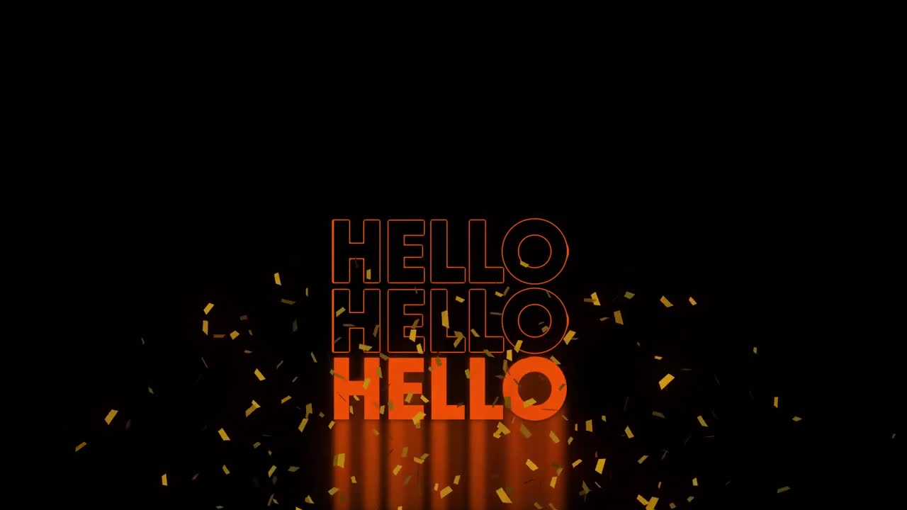 Animation of hello text over glowing orange shapes on black background