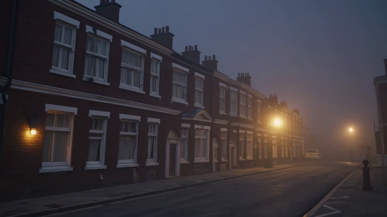 Warm streetlights casting a gentle glow over a foggy street, lined with charming brick terraced houses at dawn, creating a mysterious and atmospheric urban landscape