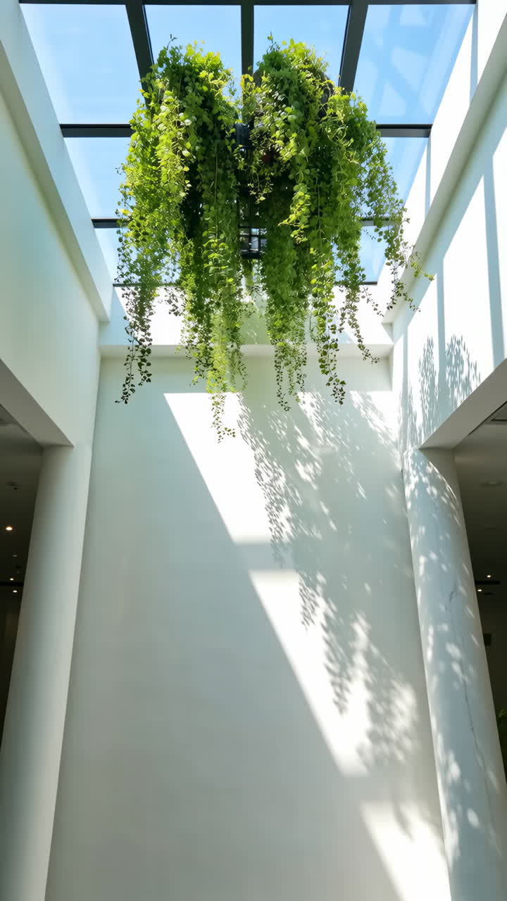 Bright Interior Space with Hanging Plants and Natural Light from Skylight