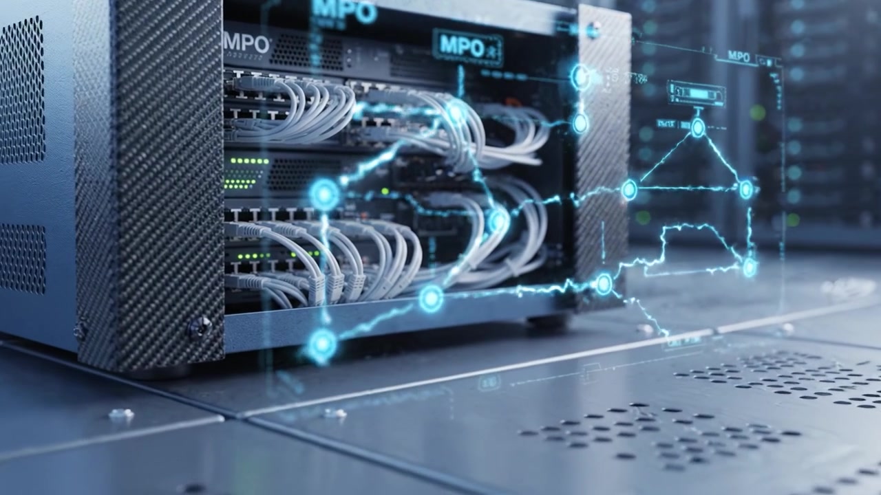 Close-up View of Networking Equipment in a Data Center with Connectors and Cables Highlighted, Showcasing Advanced Server Technology and Infrastructure