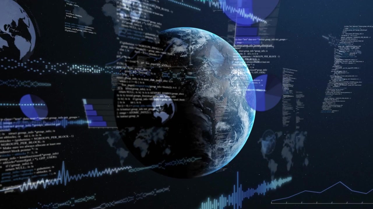 Left HUD streaks starting overlays, 3D Earth rotating while HUD charts and text displaying data