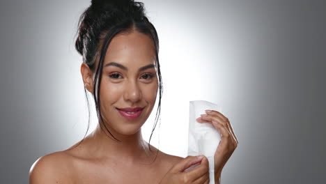 Pad,-face-and-happy-woman-with-feminine-hygiene