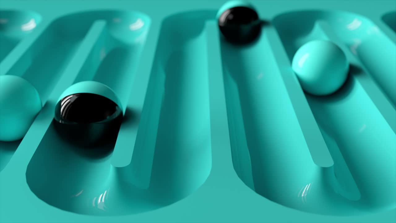 Bright colorful background with rolling balls along the paths. Plastic ball rolling in geometry deepening. 3d animation of a seamless loop